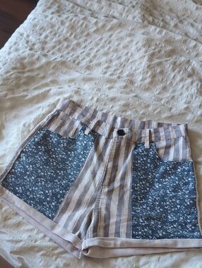 Striped & Floral Patchwork Shorts - Blue and pink